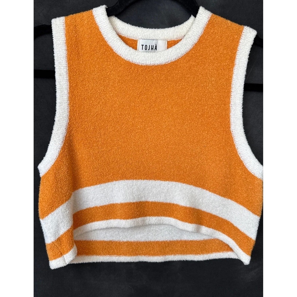 TOJHA Knit Crop Tank Top Size M/L Orange White Striped Sleeveless Vest